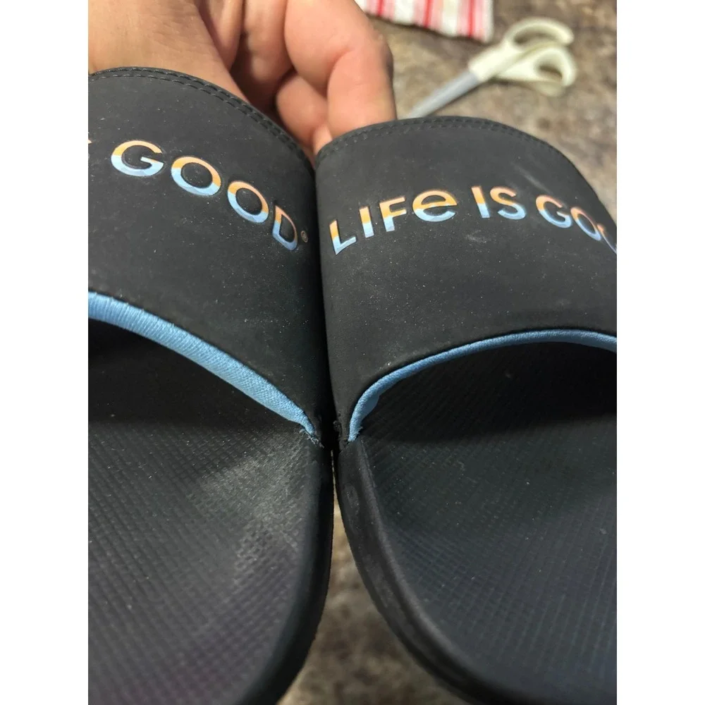 Reef Mens One Slide Sandals Black Life Is Good‎ Logo Comfort Beach Shoes Size 11